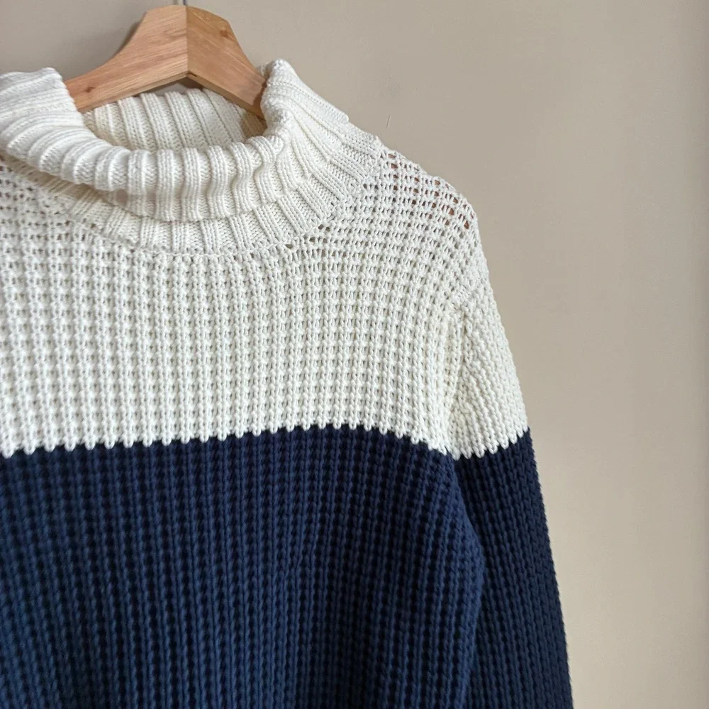 El Ganso Colorblock Waffle Knit Turtleneck Sweater Large Navy White Mens Cotton